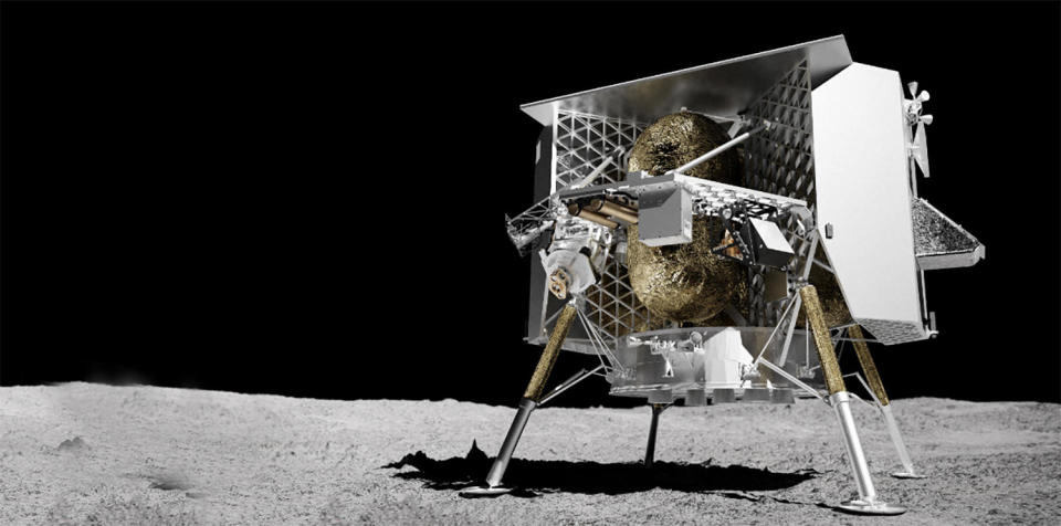 An artist's impression of the Peregrine lunar lander on the moon's surface. Pittsburgh-based Astrobotic's Peregrine is the first commercially-built U.S. moon lander and the first American mission to head for the lunar surface since the last Apollo moon landing in 1972. / Credit: Astrobotic
