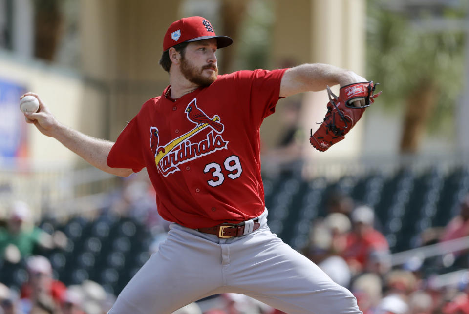 St. Louis Cardinals pitcher Miles Mikolas throws during the first inning of an exhibition spring training baseball game against the Miami Marlins Saturday, Feb. 23, 2019, in Jupiter, Fla. (AP Photo/Jeff Roberson)