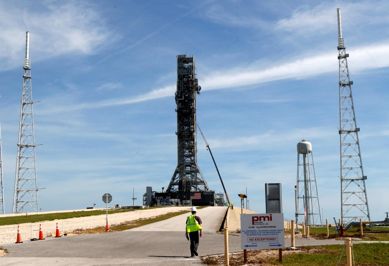 NASA's Space Launch System mobile launcher stands atop Launch Pad 39B for months of testing before it will launch the SLS rocket and Orion spacecraft on mission Artemis 1 at the Kennedy Space Center in Cape Canaveral, Florida, U.S., July 1, 2019. REUTERS/Thom Baur