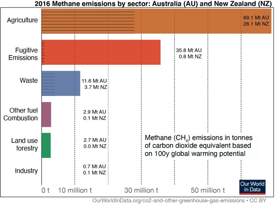This figure shows 2016 methane emissions for Australia (AU) and New Zealand (NZ), from different sectors (in million tonnes of carbon dioxide equivalent emissions).
