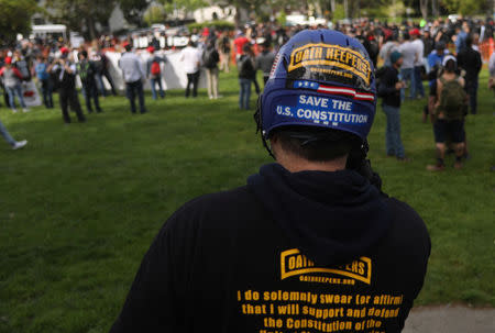 Members of the Oath Keepers provide security during the Patriots Day Free Speech Rally in Berkeley, California, U.S. April 15, 2017. REUTERS/Jim Urquhart