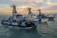 In this photo provided by Sea Shepherd organization, three ships manned by the Sea Shepherd organization cruise the waters of the Gulf of California, Monday March 5, 2018. Experts said Wednesday that at most only 22 vaquitas remain in the Gulf of California, where a grim, increasingly violent battle is playing out between emboldened fishermen and the environmentalist group Sea Shepherd for the smallest and most endangered porpoise in the world. (Sea Shepherd via AP)