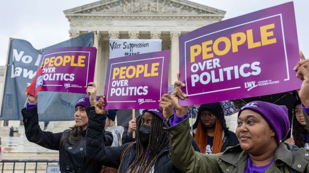 PHOTO: Demonstrators protest during a 'No Lawless Lawmakers' rally at the Supreme Court during oral arguments in Moore v. Harper on Dec. 7, 2022 in Washington, DC. (Tasos Katopodis/Getty Images for Common Cause)