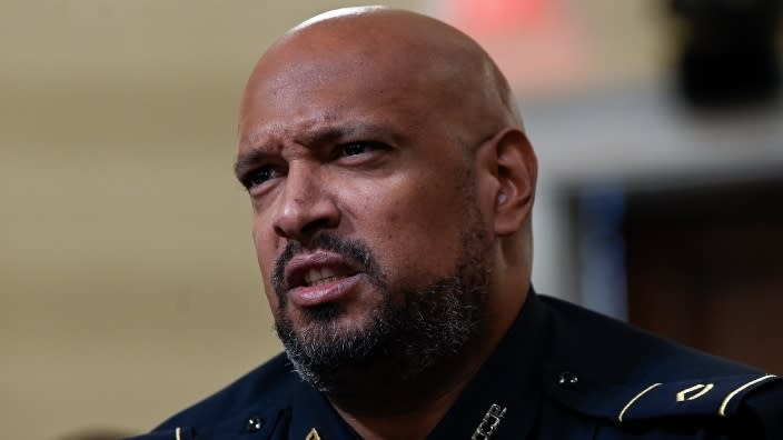 U.S. Capitol Police officer Harry Dunn testifies during Tuesday’s House Select Committee hearing investigating the Jan. 6 attack on the U.S. Capitol. (Photo by Andrew Caballero-Reynolds-Pool/Getty Images)