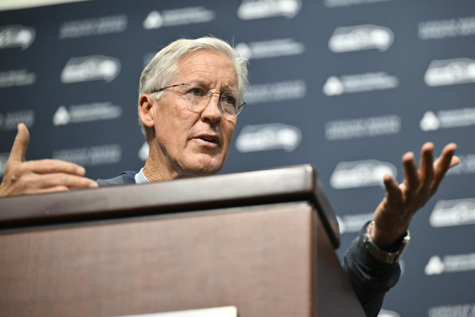 RENTON, WASHINGTON - JANUARY 10: Former Seattle Seahawks head coach Pete Carroll speaks at the Seattle Seahawks press conference at Virginia Mason Athletic Center on January 10, 2024 in Renton, Washington. (Photo by Alika Jenner/Getty Images)