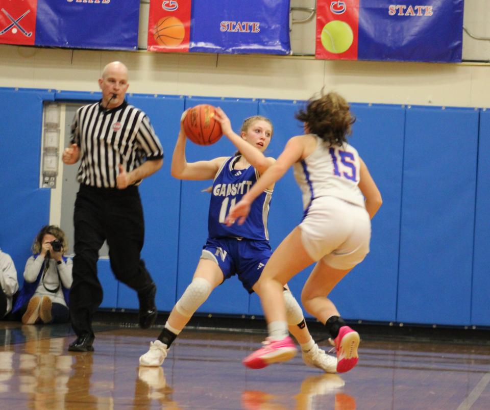 Warriors' Kaelyn Cote works to get around West Boylston's Maddie Pitro in the teams' Div. 5 Round of 16 matchup on March 5, 2024.