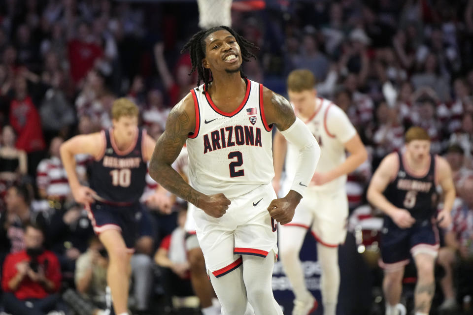 Arizona guard Caleb Love (2) reacts after scoring against Belmont during the first half of an NCAA college basketball game Friday, Nov. 17, 2023, in Tucson, Ariz. (AP Photo/Rick Scuteri)