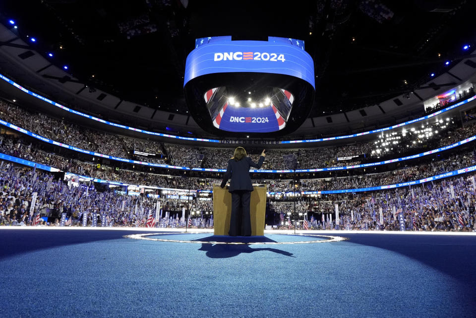 Democratic presidential nominee Vice President Kamala Harris arrives to speak on the final night of the Democratic National Convention in Chicago, Thursday, Aug. 22, 2024. (Kent Nishimura/The New York Times via AP, Pool)