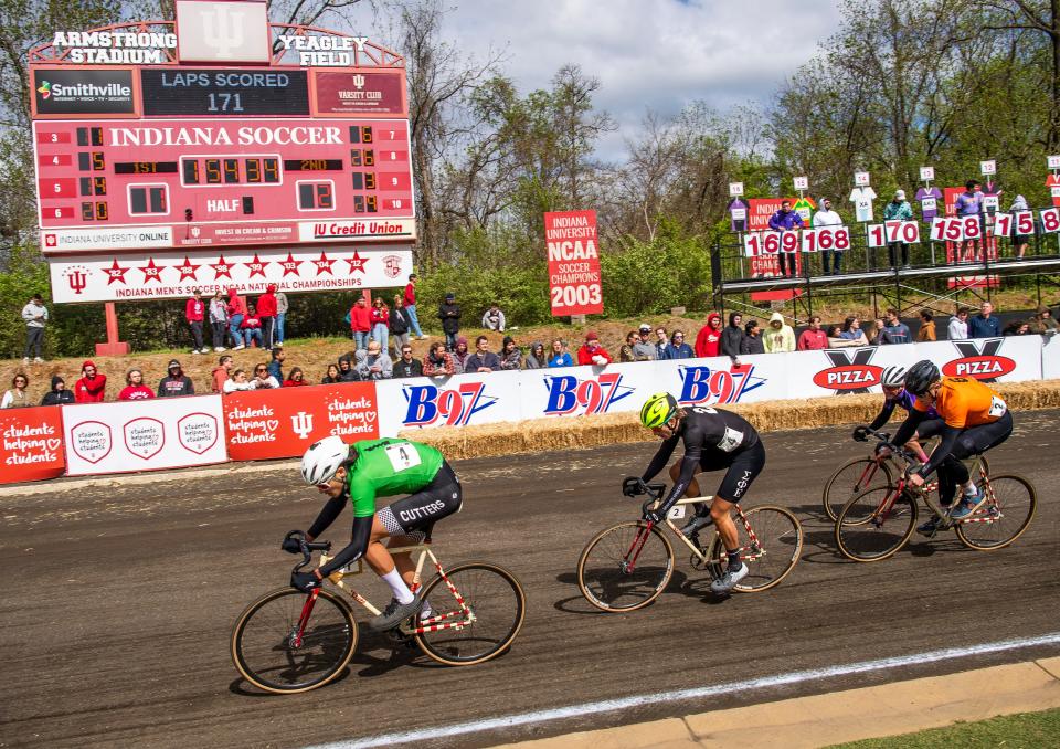 Cutters' rider Judah Thompson leads the pack of top teams during the 72nd running of the Little 500 men's race at Bill Armstrong Stadium on Saturday, April 22, 2023.
