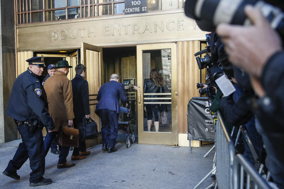 Harvey Weinstein arrives at a Manhattan courthouse for his rape trial, Wednesday, Feb. 19, 2020, in New York. (AP Photo/John Minchillo)