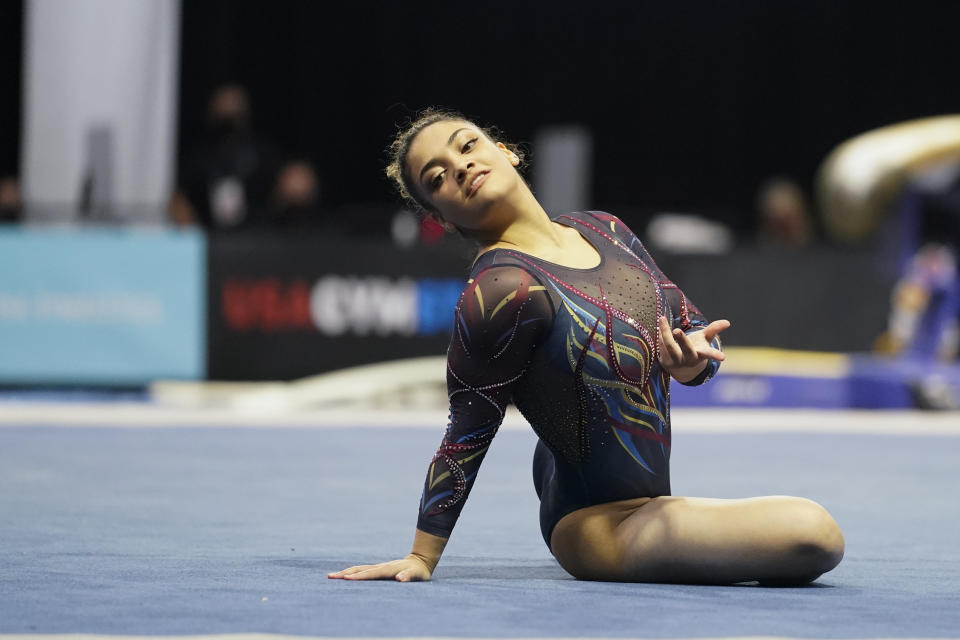 Laurie Hernandez performs in the floor exercise during the Winter Cup gymnastics competition, Saturday, Feb. 27, 2021, in Indianapolis. (AP Photo/Darron Cummings)