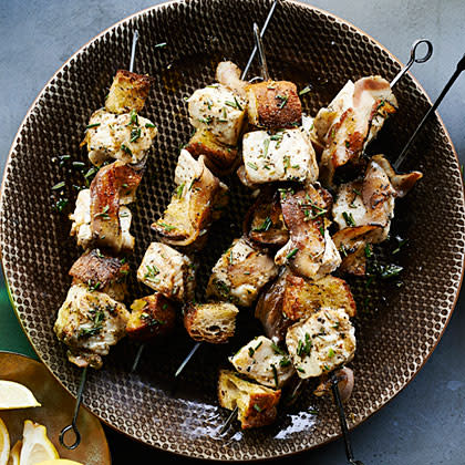 Halibut Kebabs with Grilled Bread and Pancetta