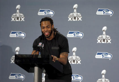 Seahawks CB Richard Sherman talks to the media during a press conference on Thursday. (AP)