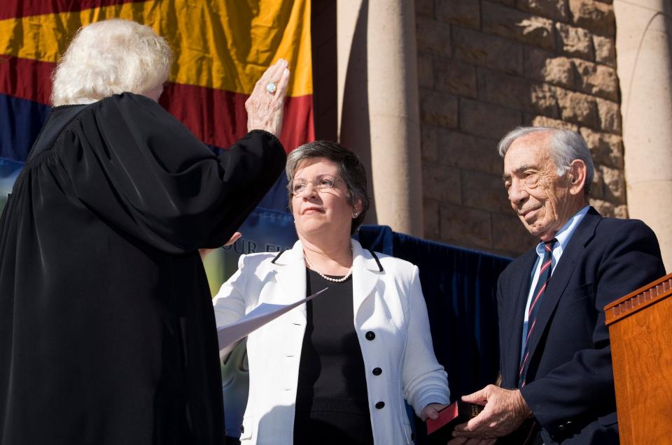 Retired Supreme Court Justice Sandra Day O'Connor swears in Arizona Gov. Janet Napolitano at the state Capitol on Jan. 4, 2006.