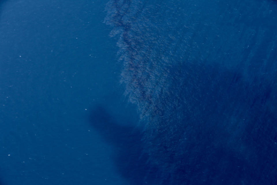 <p>An oil slick is seen on the surface of the East China Sea left by oil leaking from the sunken Iranian tanker ship Sanchi, Jan. 15, 2018. Several oil slicks have been found in waters around a sunken Iranian tanker ship in the East China Sea in a spill that is growing and whose potentially major impact on the marine environment is still being assessed. (Liu Shiping/Xinhua via AP) </p>