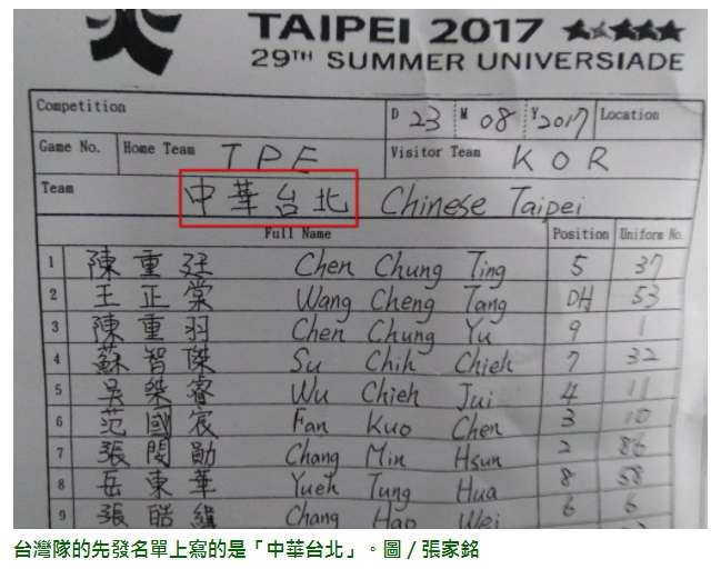 對戰表中，中華隊填的是中華台北。（朱孟庠提供）