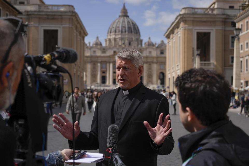 Father David McCallum talks during an interview with he Associated Press outside St. Peter's Square, in Rome, Thursday, March 30, 2023. The Vatican has formally repudiated the "Doctrine of Discovery." That is the theory backed by 15th century papal bulls that legitimized the colonial-era seizure of Native lands and form the basis of some property law today. Indigenous groups have been demanding such a statement for decades. (AP Photo/Gregorio Borgia)