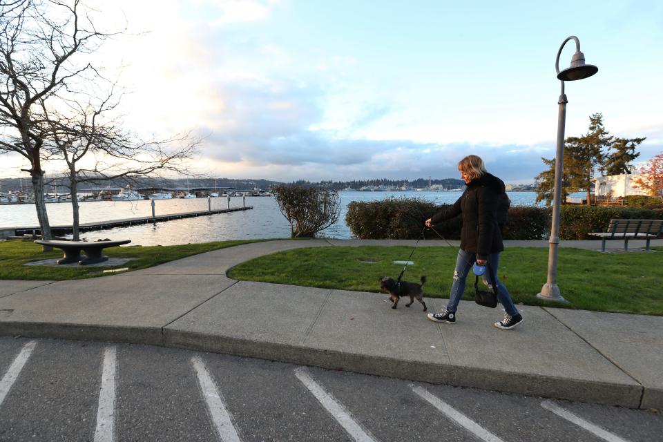 Carrie Krull takes her dog, Billy, for a walk along the Sinclair Inlet of the Puget Sound in Port Orchard, Wash., on Nov. 15, 2023. A drug ring linked to the CJNG cartel operated a meth conversion lab in the small town.