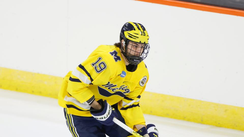 Michigan's Adam Fantilli skates against Colgate during a men's NCAA tournament first-round game at the PPL Center in Allentown, Pennsylvania, on Friday, March 24, 2023.