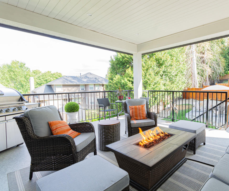 gas patio table on a covered patio