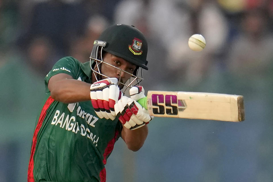Bangladesh's Najmul Hossain Shanto plays a shot during the first T20 cricket match between Bangladesh and England in Chattogram, Bangladesh, Thursday, March 9, 2023. (AP Photo/Aijaz Rahi)