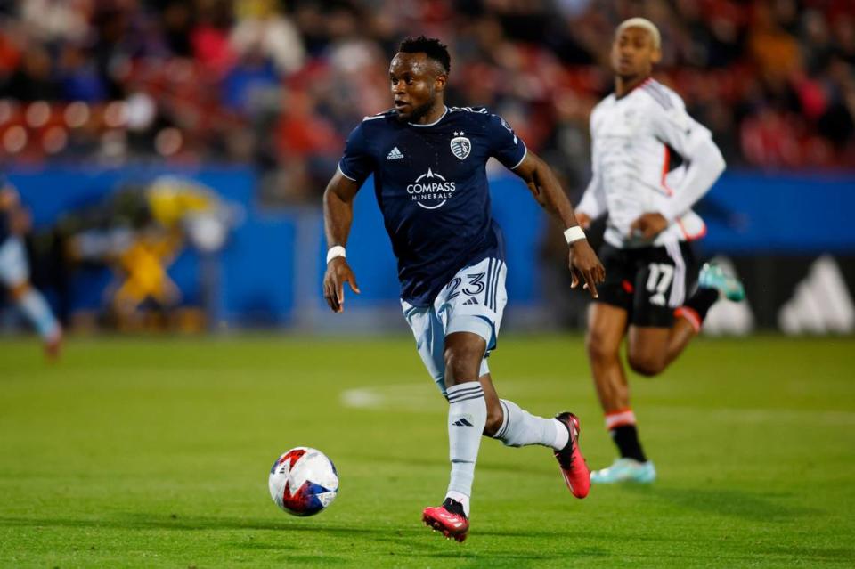 Sporting Kansas City forward Willy Agada (23) controls the ball against FC Dallas in the first half at Toyota Stadium on March 18, 2023.