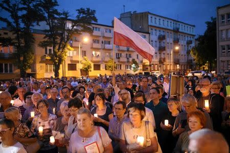 People protest against the Supreme Court legislation in Czestochowa, Poland, July 20, 2017. Agencja Gazeta/ Grzegorz Skowronek/via REUTERS