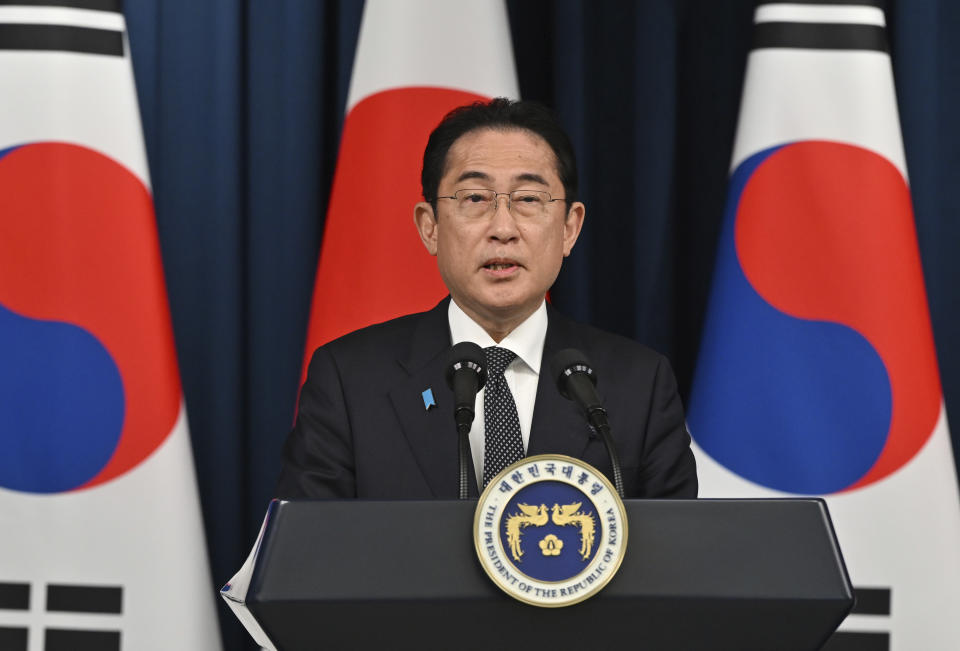 Japanese Prime Minister Fumio Kishida speaks during a joint press conference with South Korean President Yoon Suk Yeol after their meeting at the presidential office in Seoul Sunday, May 7, 2023. The leaders of South Korea and Japan met Sunday for their second summit in less than two months, as they push to mend long-running historical grievances and boost ties in the face of North Korea’s nuclear program and other regional challenges. (Jung Yeon-je/Pool Photo via AP)