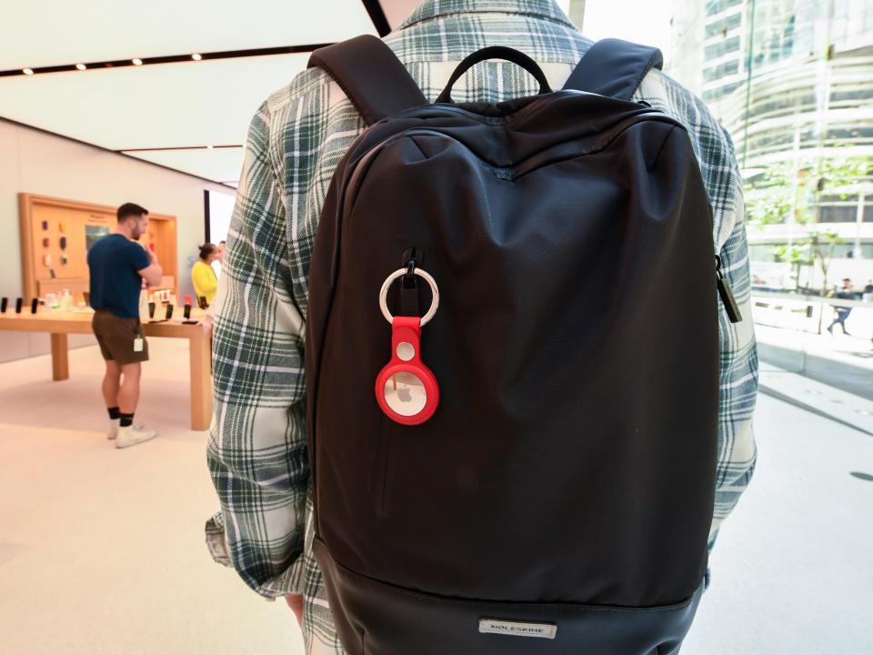 A key ring containing an AirTag attached to a rucksack inside the Apple Store George Street on April 30, 2021 in Sydney, Australia.