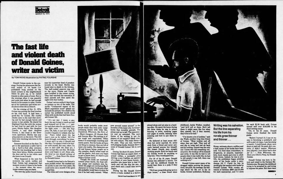 A clipping for the March 16, 1975 publication of The Detroit Free Press talking about the life, career, and death of best-selling Detroit author Donald Goines.