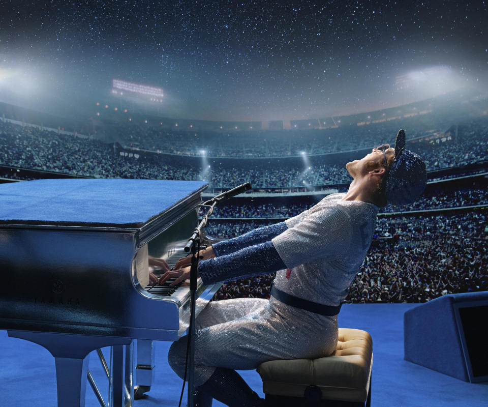 This image released by Paramount Pictures shows Taron Egerton as Elton John in a scene from "Rocketman," which will be shown during the Cannes Film Festival. (David Appleby/ Paramount Pictures via AP)