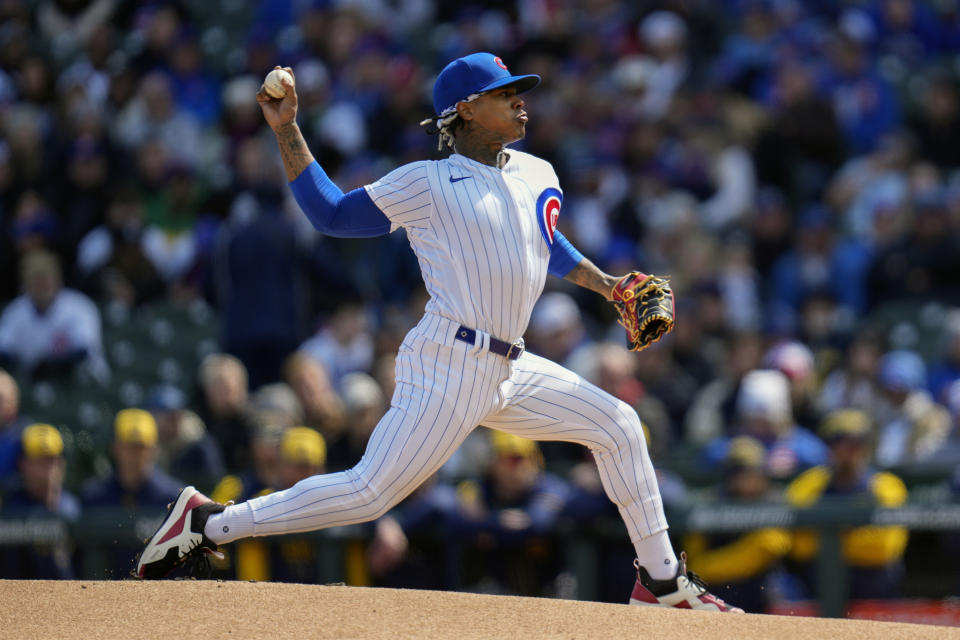 Chicago Cubs starting pitcher Marcus Stroman throws during the first inning of a baseball game against the Milwaukee Brewers Thursday, March 30, 2023, in Chicago. (AP Photo/Erin Hooley)