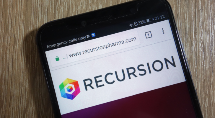 Recursion Pharmaceuticals (RXRX) website displayed on a modern smartphone