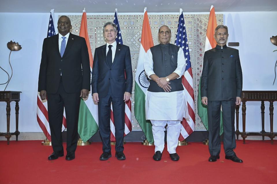 This handout photo obtained from the Indian Ministry of External Affairs' page on X, formerly Twitter, shows U.S. Secretary of Defence Lloyd Austin, left, U.S. Secretary of State Antony Blinken, Indian Defence Minister Rajnath Singh, second right, and Indian Foreign Minister S. Jaishanker in New Delhi, India, Friday, Nov. 10, 2023. The top diplomats and defense chiefs of India and the United States met in New Delhi focusing on security issues in the Indo-Pacific, China and the Israel-Hamas war. ( Indian Ministry of External Affairs via AP)