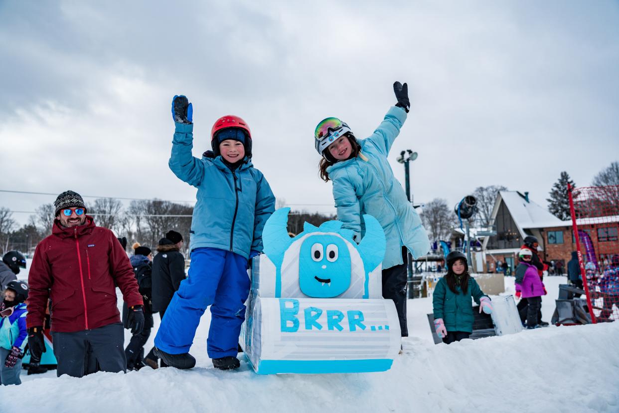 Joey Stein, 6, and June Stein, 8, won Mount Brighton's "Duct Tape Derby" with their "Yeti Sledy" for the second year in a row Saturday, Jan. 20, 2024.