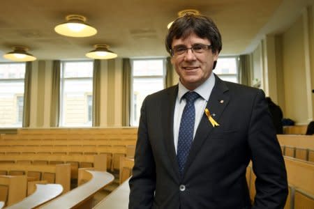 FILE PHOTO: Pro-independence Catalonia's deposed leader Carles Puigdemont lectures at the University of Helsinki, Finland March 23, 2018. Lehtikuva/Markku Ulander/via REUTERS