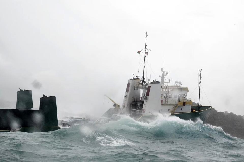 <p>U.S. Coast Guard</p> Coast Guard rescues 12 persons forced to abandon an aground cargo vessel off the coast of St. Thomas, U.S. Virgin Islands.