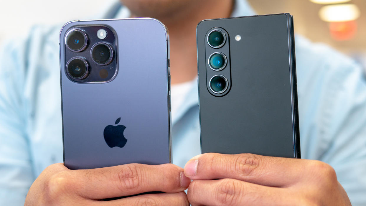  Samsung Galaxy Z Fold 5 versus Apple iPhone 14 Pro Max camera face-off comparison. 