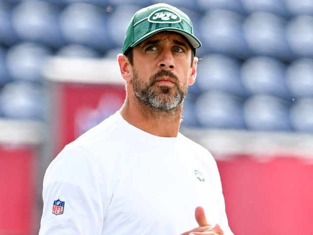 <p>Nick Cammett/Getty</p> Aaron Rodgers prior to the 2023 Pro Hall of Fame Game against the Cleveland Browns at Tom Benson Hall Of Fame Stadium on August 3, 2023 in Canton, Ohio.
