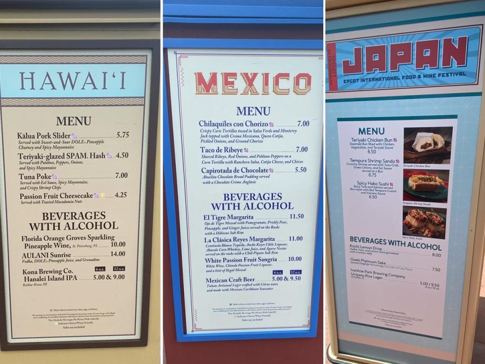 Menus at Epcot's 2021 International Food & Wine Festival.