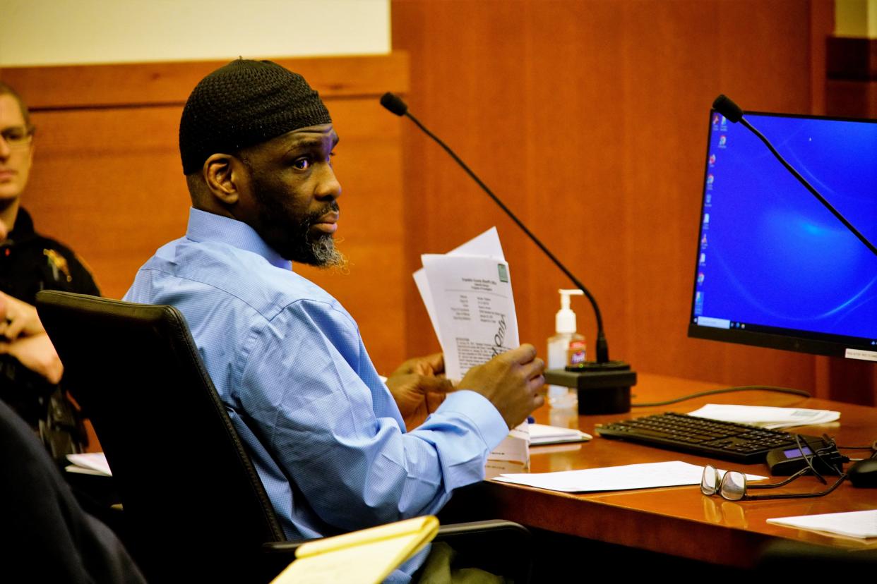 Quincy Anderson, 50, of Columbus' Near East Side, is seen here representing himself on Wednesday, Jan. 10, 2024, during his trial in Franklin County Common Pleas Court. A jury deliberated about 35 minutes on Thursday, Jan. 11, 2024, before convicting him of  murder and aggravated robbery charges in the January 2021 beating that led to the death of 56-year-old Roland Johnson Jr., of the city's North Linden neighborhood.