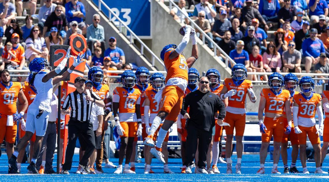 Boise State University edge Gabe Hunter intercepts the ball during their spring football game, Saturday, April 20, 2024, at Albertsons Stadium.