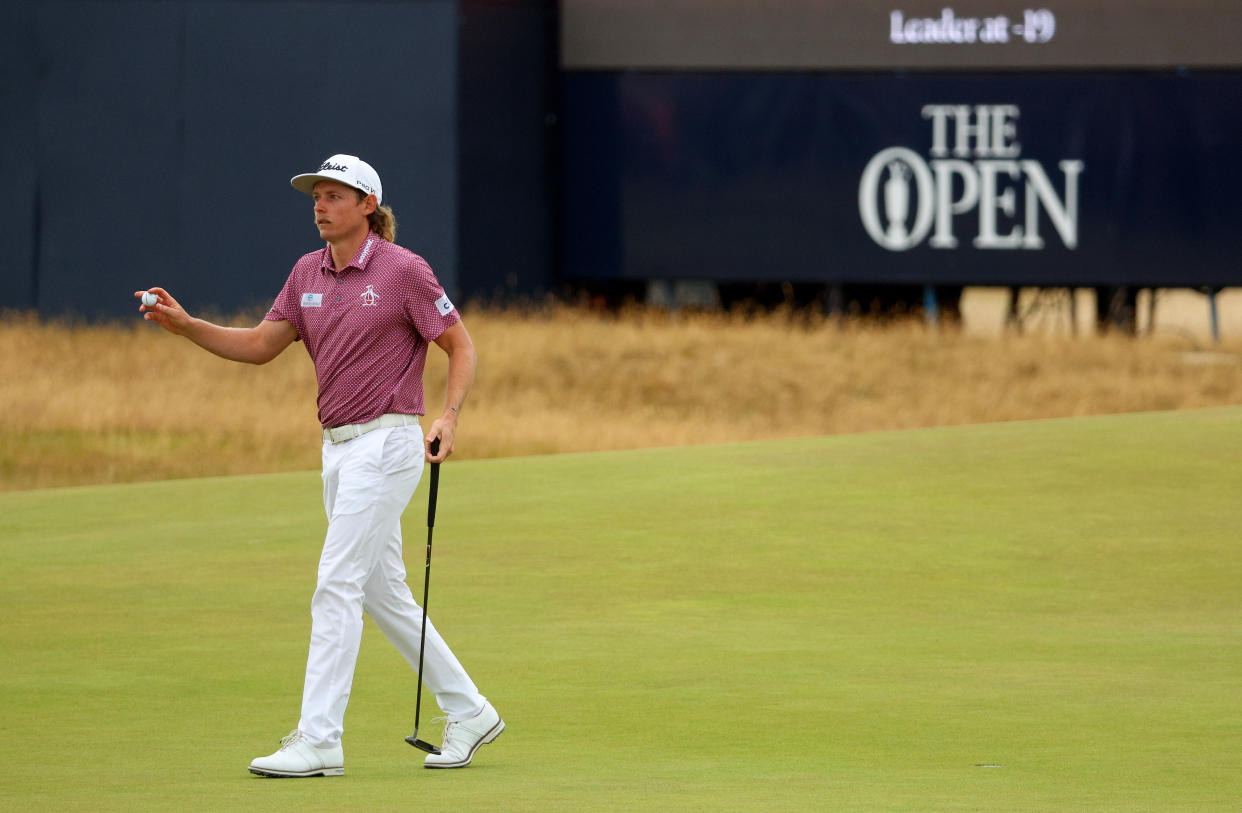 ST ANDREWS, SCOTLAND - JULY 17: Cameron Smith of Australia reacts on the 15th green  during Day Four of The 150th Open at St Andrews Old Course on July 17, 2022 in St Andrews, Scotland. (Photo by Andrew Redington/Getty Images)