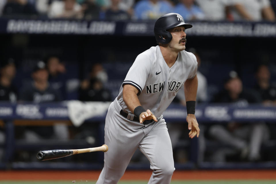 New York Yankees' Matt Carpenter watches his home run against the Tampa Bay Rays during the fourth inning of a baseball game Friday, May 27, 2022, in St. Petersburg, Fla. (AP Photo/Scott Audette)