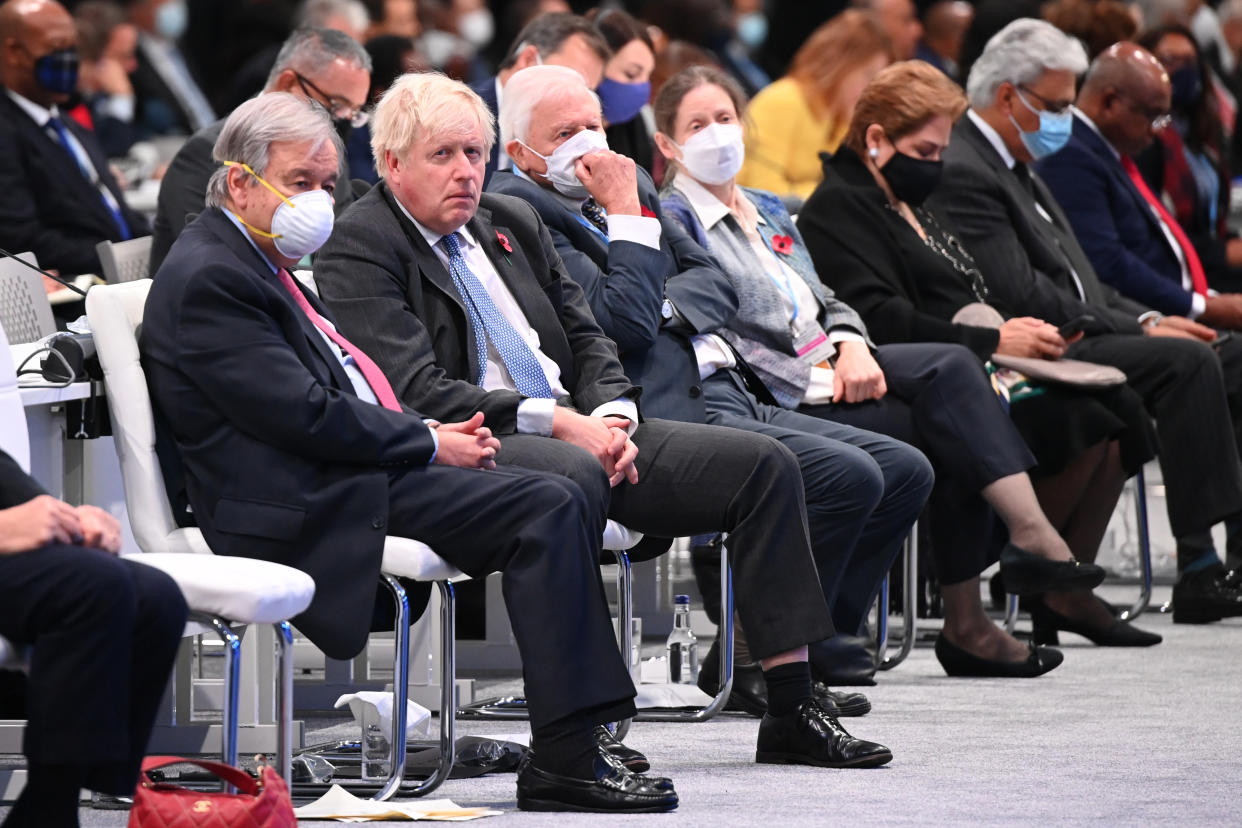 Secretary-General of the United Nations Antonio Guterres, British prime Minister Boris Johnson and Sir David Attenborough during the opening ceremony for the Cop26 summit at the Scottish Event Campus (SEC) in Glasgow. Picture date: Monday November 1, 2021.