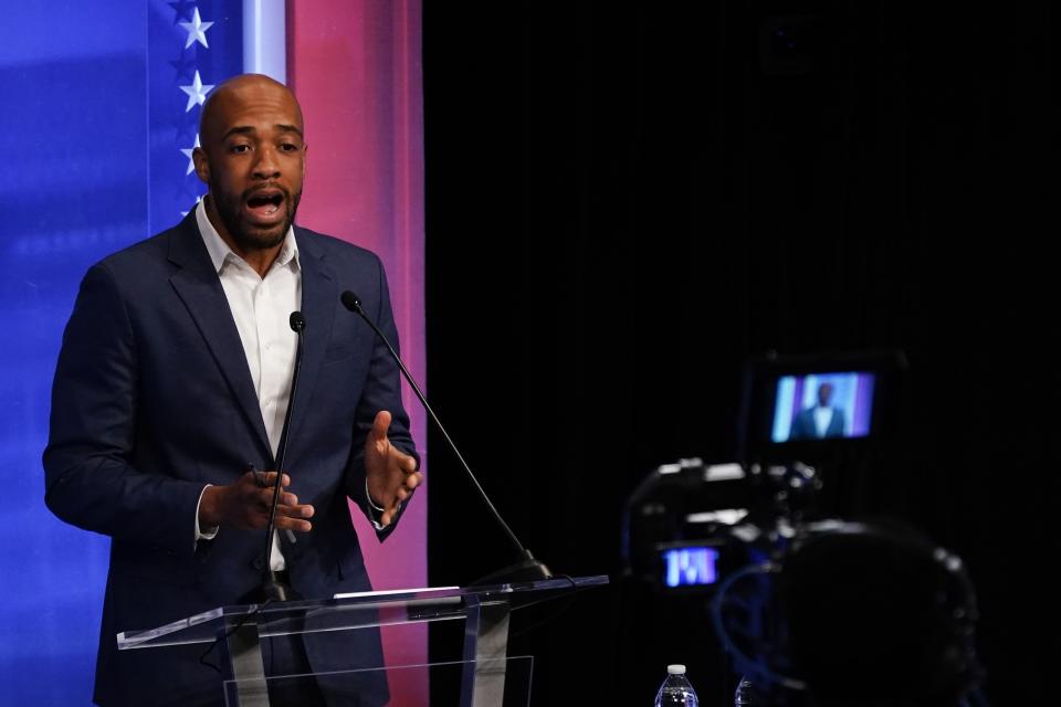 Democratic U.S. Senate candidate Mandela Barnes speaks during a televised debate Thursday, Oct. 13, 2022, in Milwaukee. (AP Photo/Morry Gash)