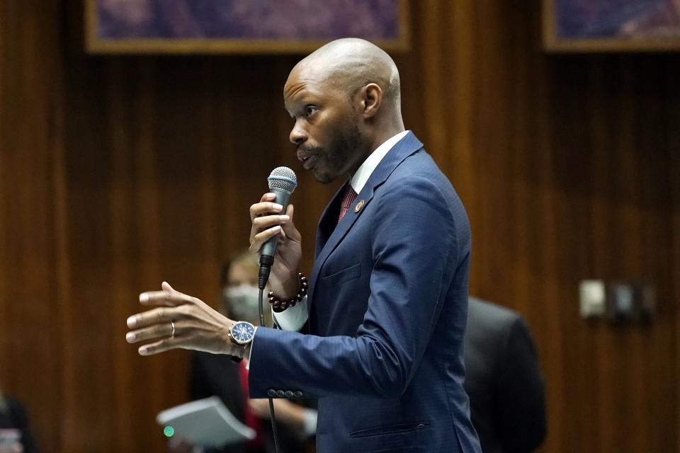 In this Thursday, June 24, 2021 file photo, Reginald Bolding, a Democratic candidate running for Secretary of State for Arizona, speaks during a vote on the Arizona budget, in Phoenix. (AP Photo/Ross D. Franklin, File)