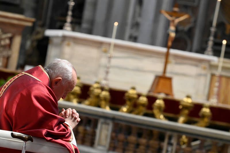 Pope Francis presides over the Good Friday Passion of the Lord service in Saint Peter's Basilica at the Vatican