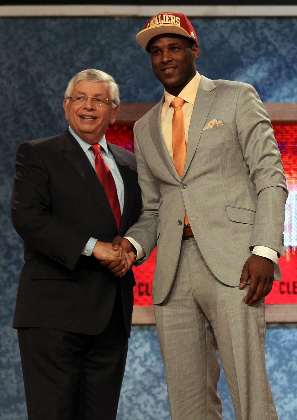 NEWARK, NJ - JUNE 28: Dion Waiters of Syracuse greets NBA Commissioner David Stern (L) after he was selected number four overall by the the Cleveland Cavaliers during the first round of the 2012 NBA Draft at Prudential Center on June 28, 2012 in Newark, New Jersey. NOTE TO USER: User expressly acknowledges and agrees that, by downloading and/or using this Photograph, user is consenting to the terms and conditions of the Getty Images License Agreement. (Photo by Elsa/Getty Images)