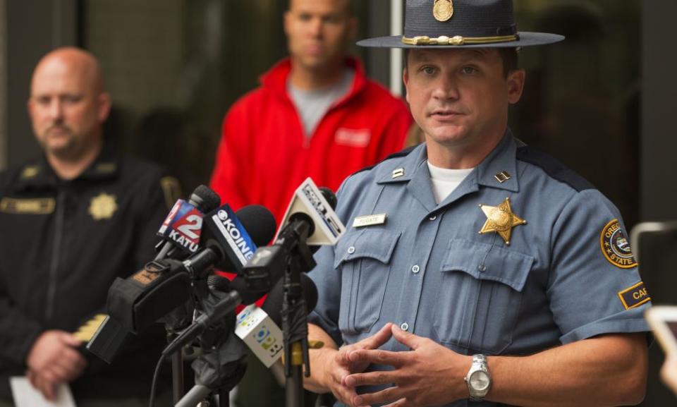 Oregon state police captain Bill Fugate during a briefing on the wildfires, which authorities believe was caused by a 15-year-old boy and friends using fireworks.